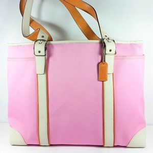 COACH Pink Canvas & White Leather Tote Shoulder Ba